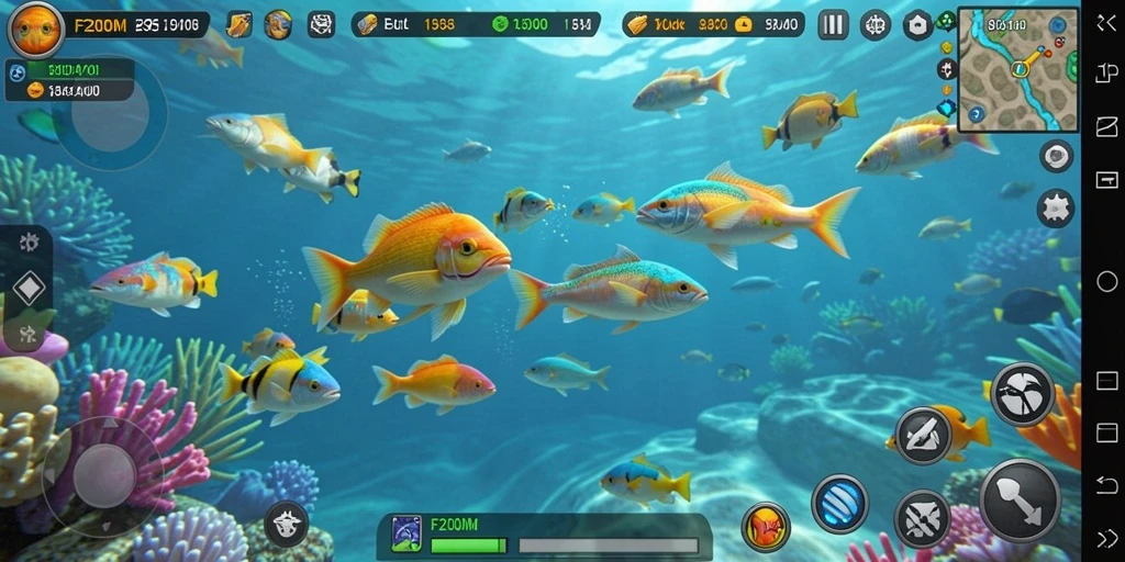 Screenshot F200M menampilkan gameplay seru menembak ikan.