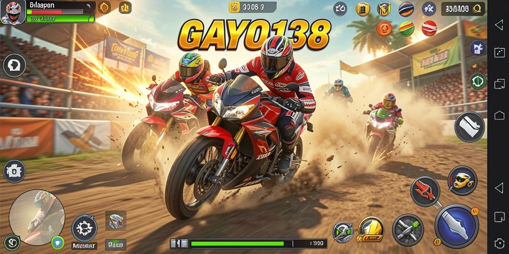 Screenshot tampilan gameplay GAYO138 dengan aksi balapan motor yang mendebarkan.